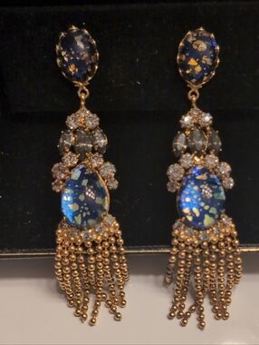 Gold-Tone Blue Teardrop Dangle Earrings with Fringe